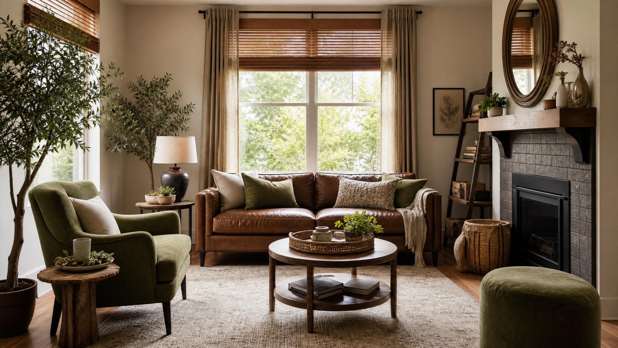 Image of a cozy small living room featuring earthy brown and olive green accents.
