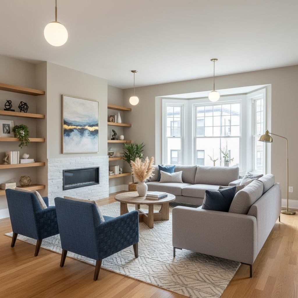 Virtual staged row house living room