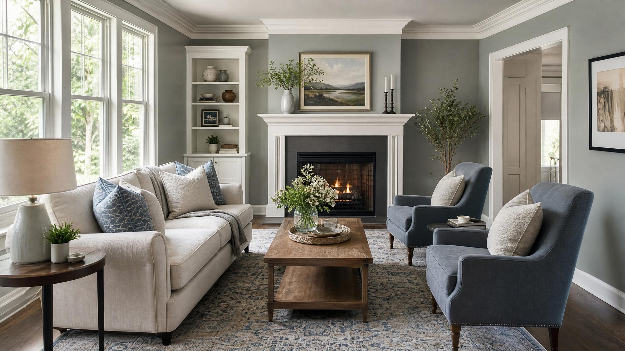 A beautifully staged living room showcasing traditional paint palettes.