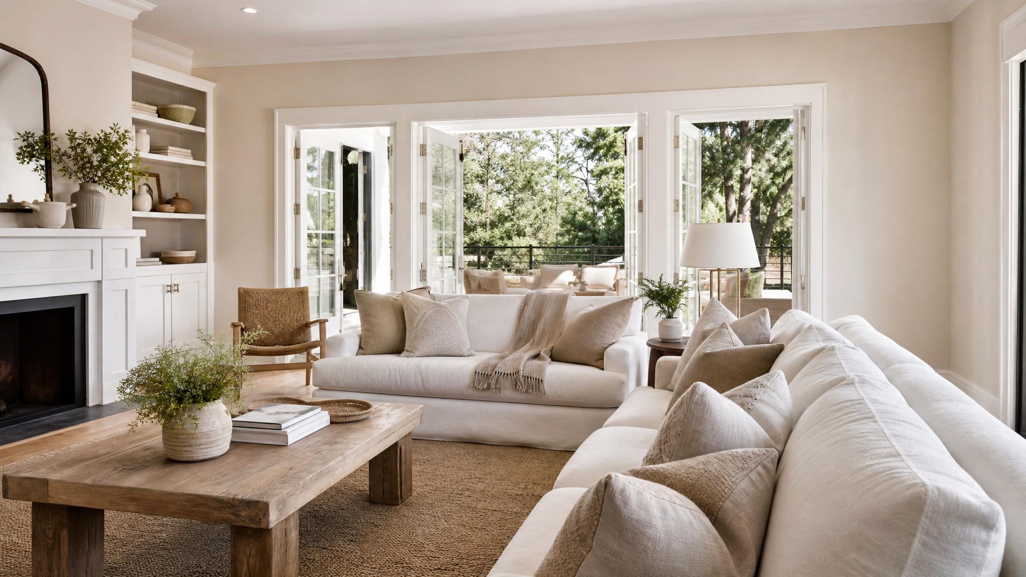 Living room with soft neutral colors: cream walls, beige cushions.