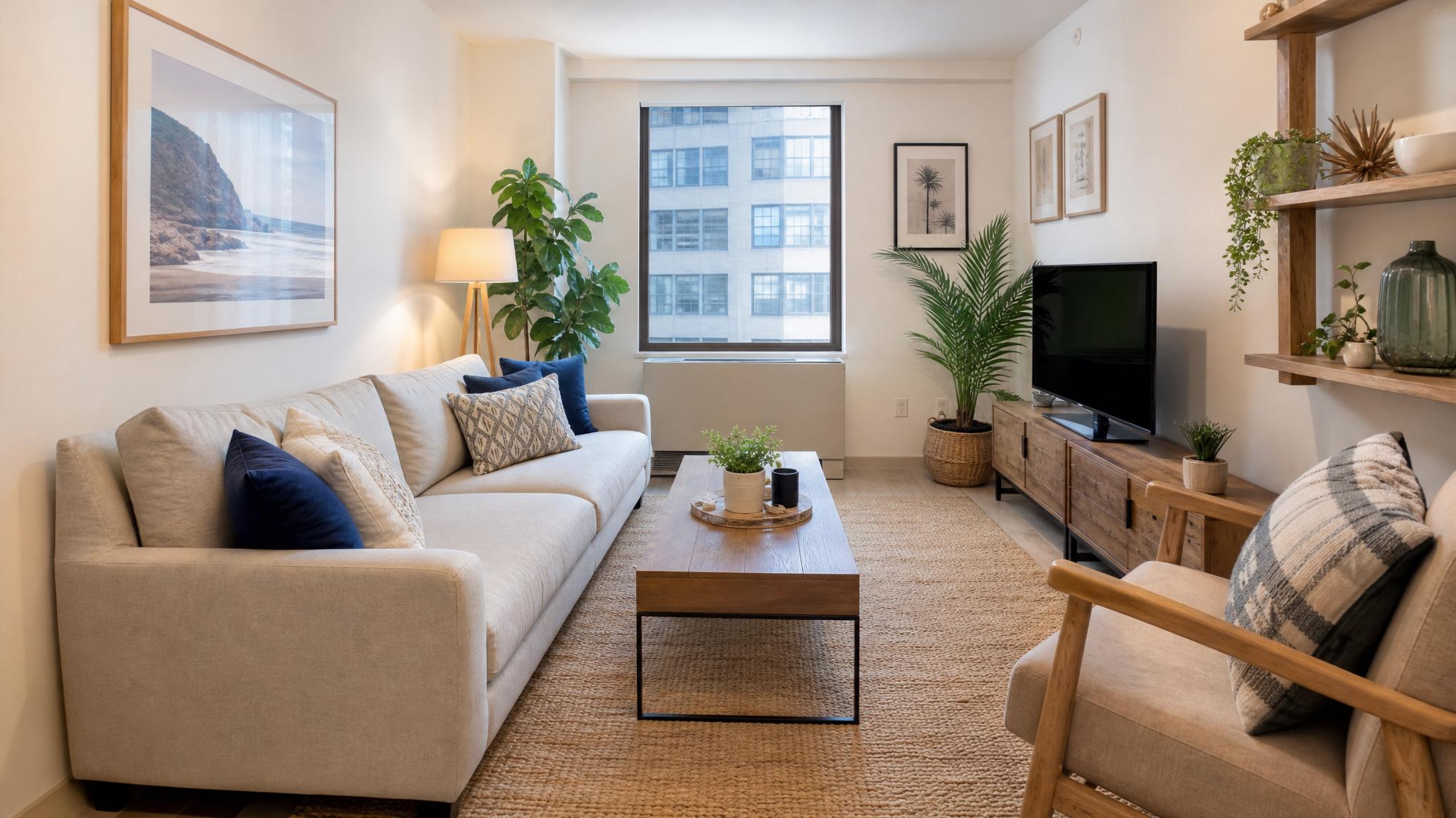After image of a beautifully transformed small living room in a studio apartment.