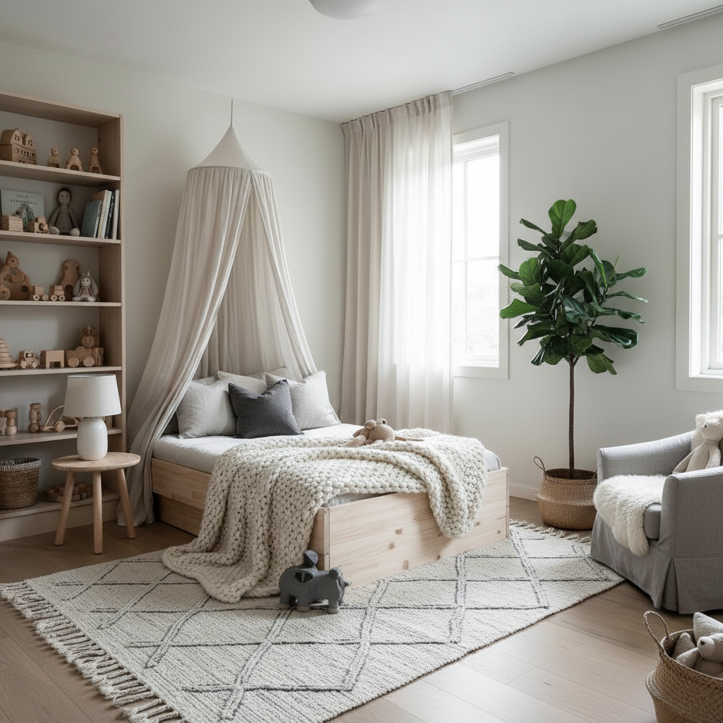 A cozy Scandinavian kids bedroom design featuring neutral tones, natural wood furniture, and soft textiles.