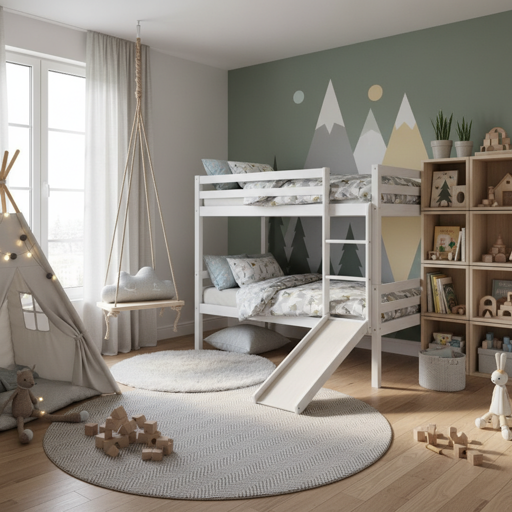 AI-generated images of Scandinavian kids' bedroom designs incorporating specific features like bunk beds and playful elements.
