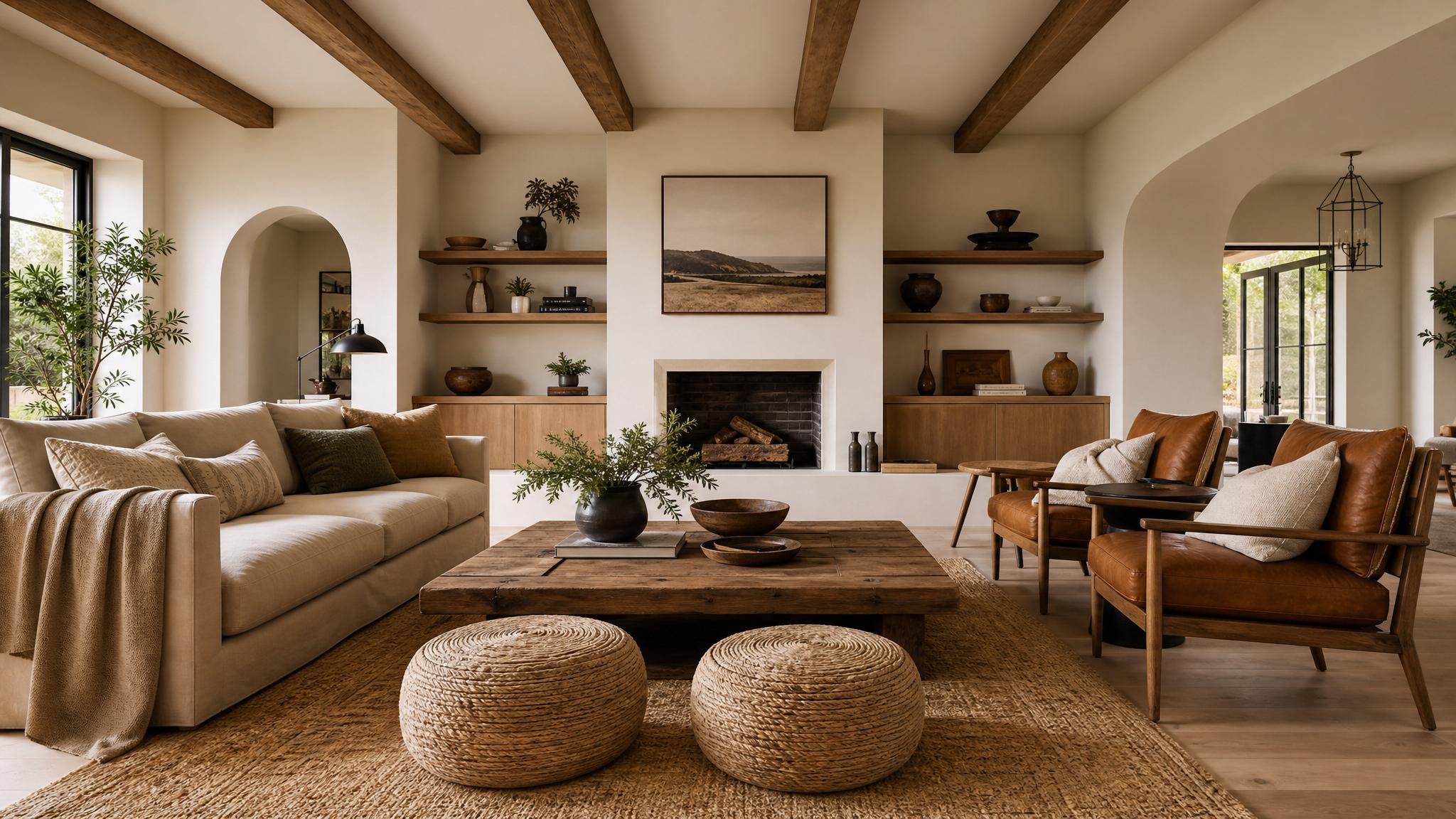 Warm earthy toned living room setup.