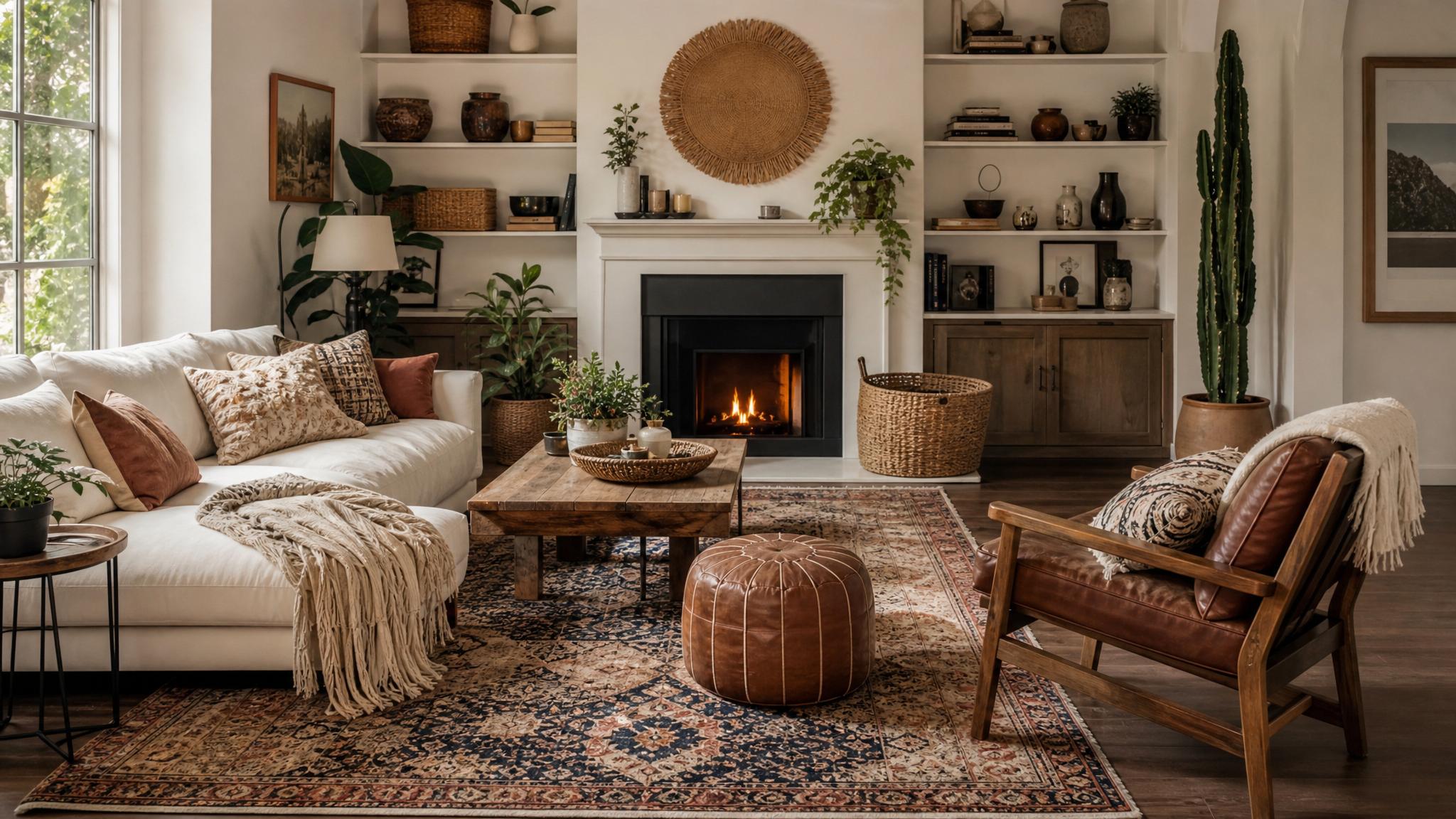 Bohemian layered living room setup.