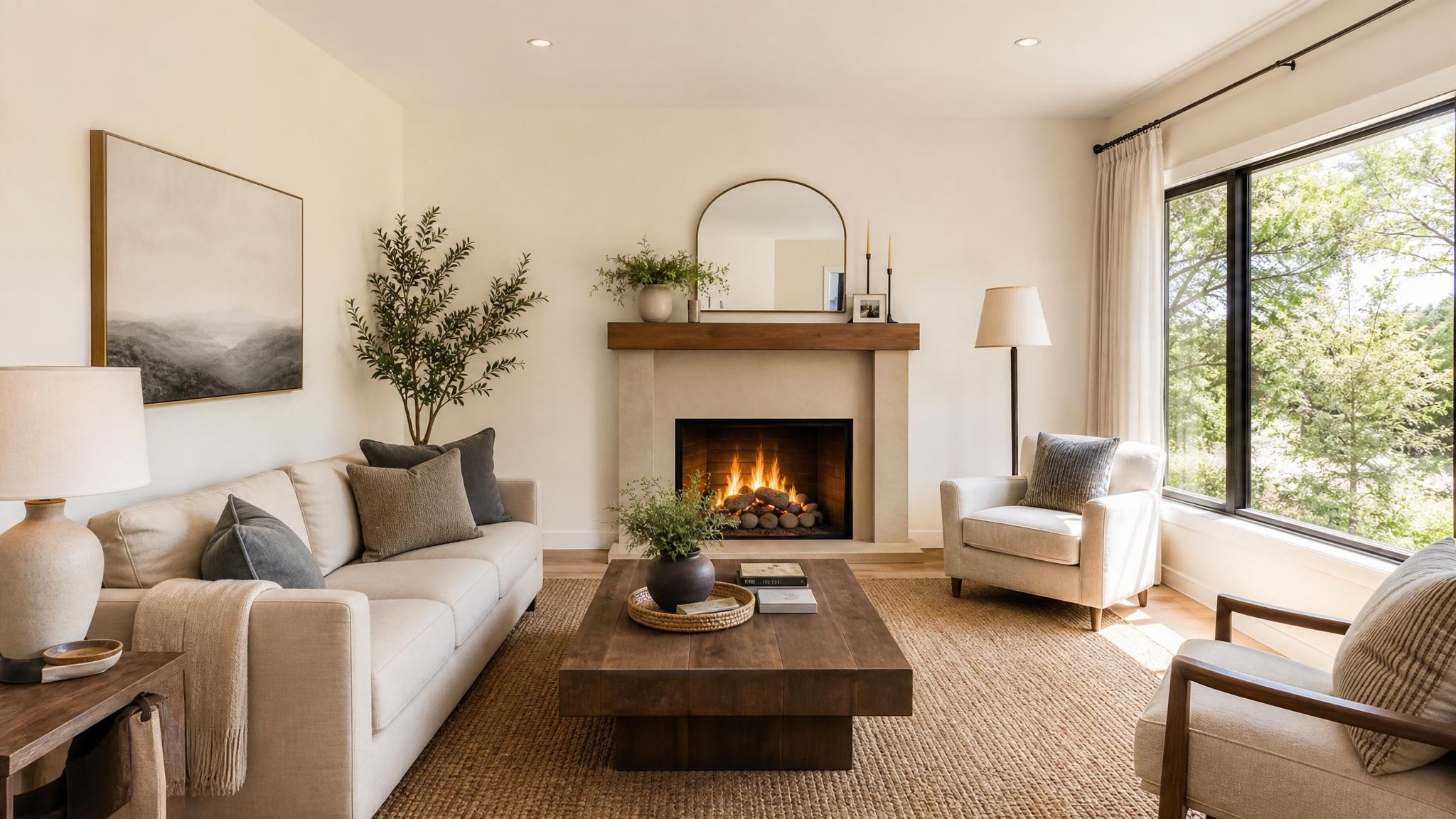 Cozy warm minimalist living room with natural light and soft textures.