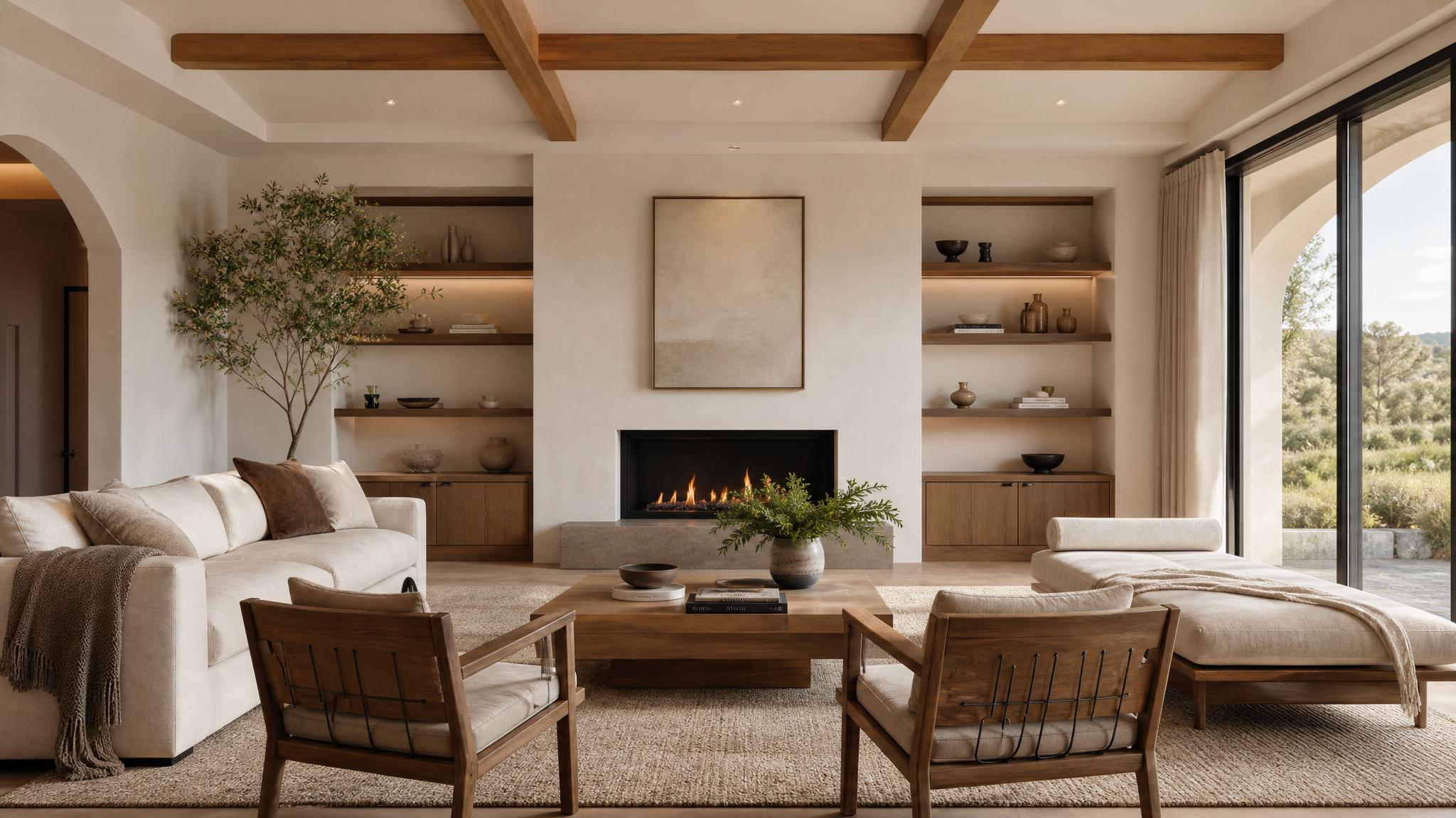 Elegant living room showcasing warm minimalist design with a snug seating arrangement.