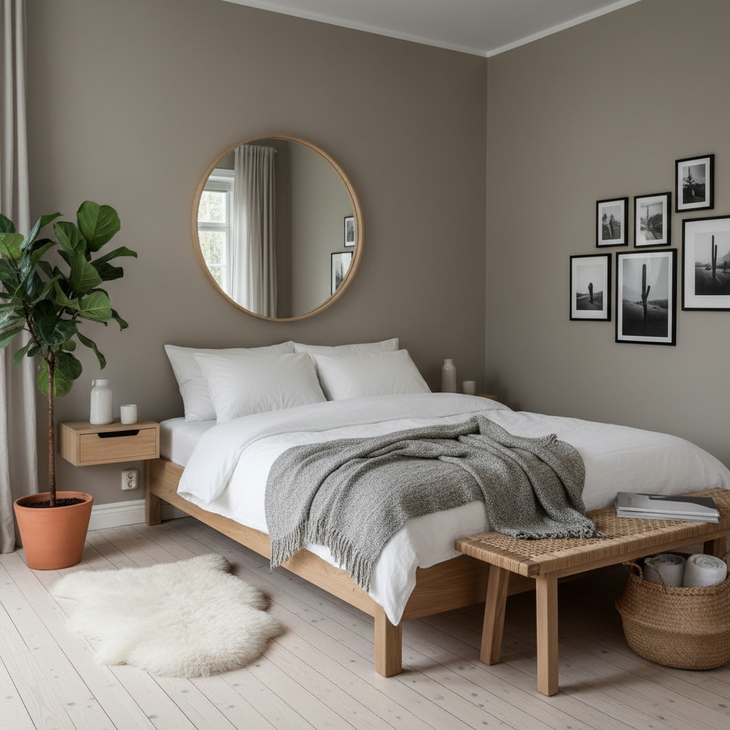 A beautifully styled Nordic guest bedroom showcasing minimalist decor and natural materials.