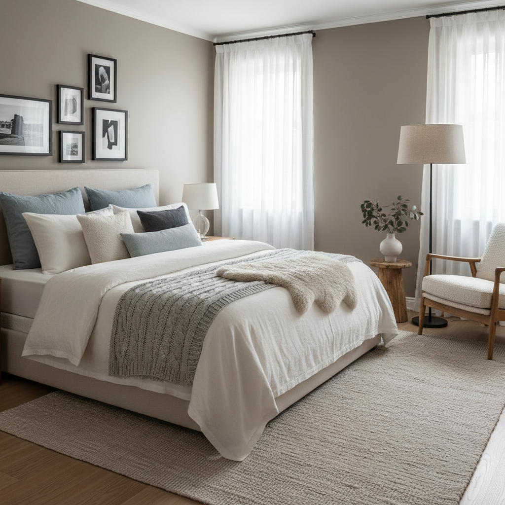 Luxurious bedding and cozy armchair in a Nordic-inspired guest bedroom.