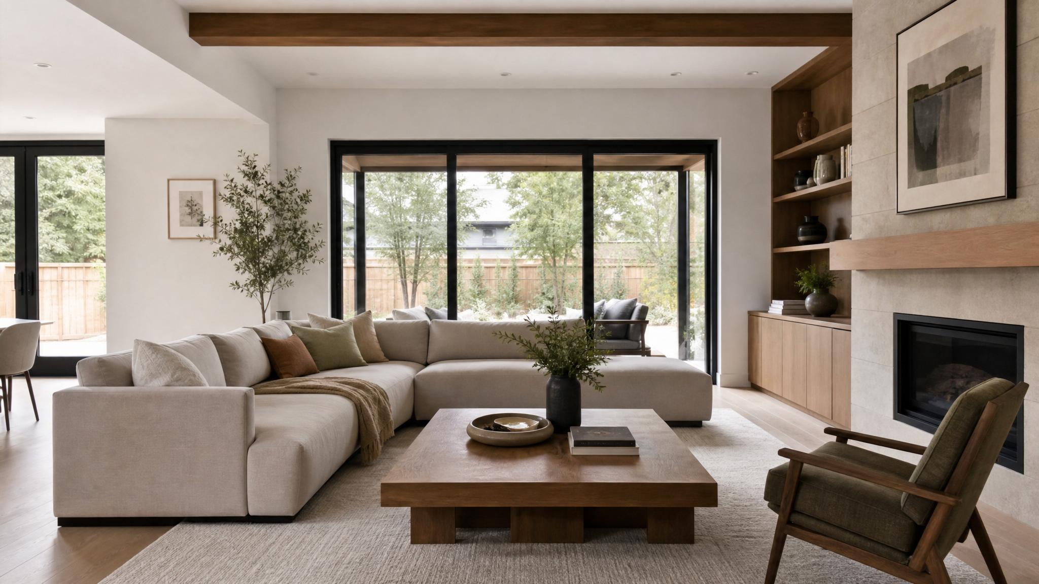 Contemporary living room design with clean lines and neutral tones.
