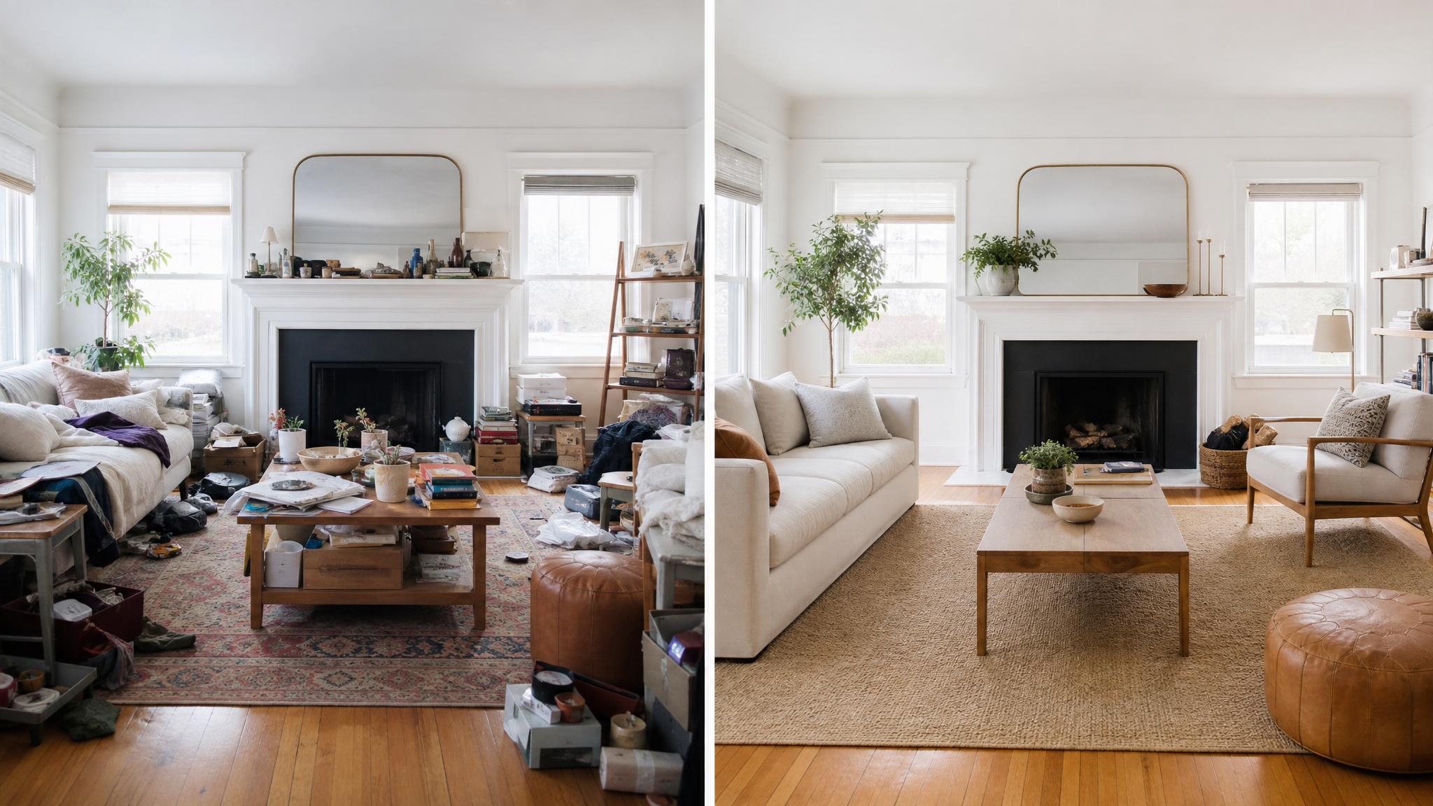 Before and after images of a decluttered living room.