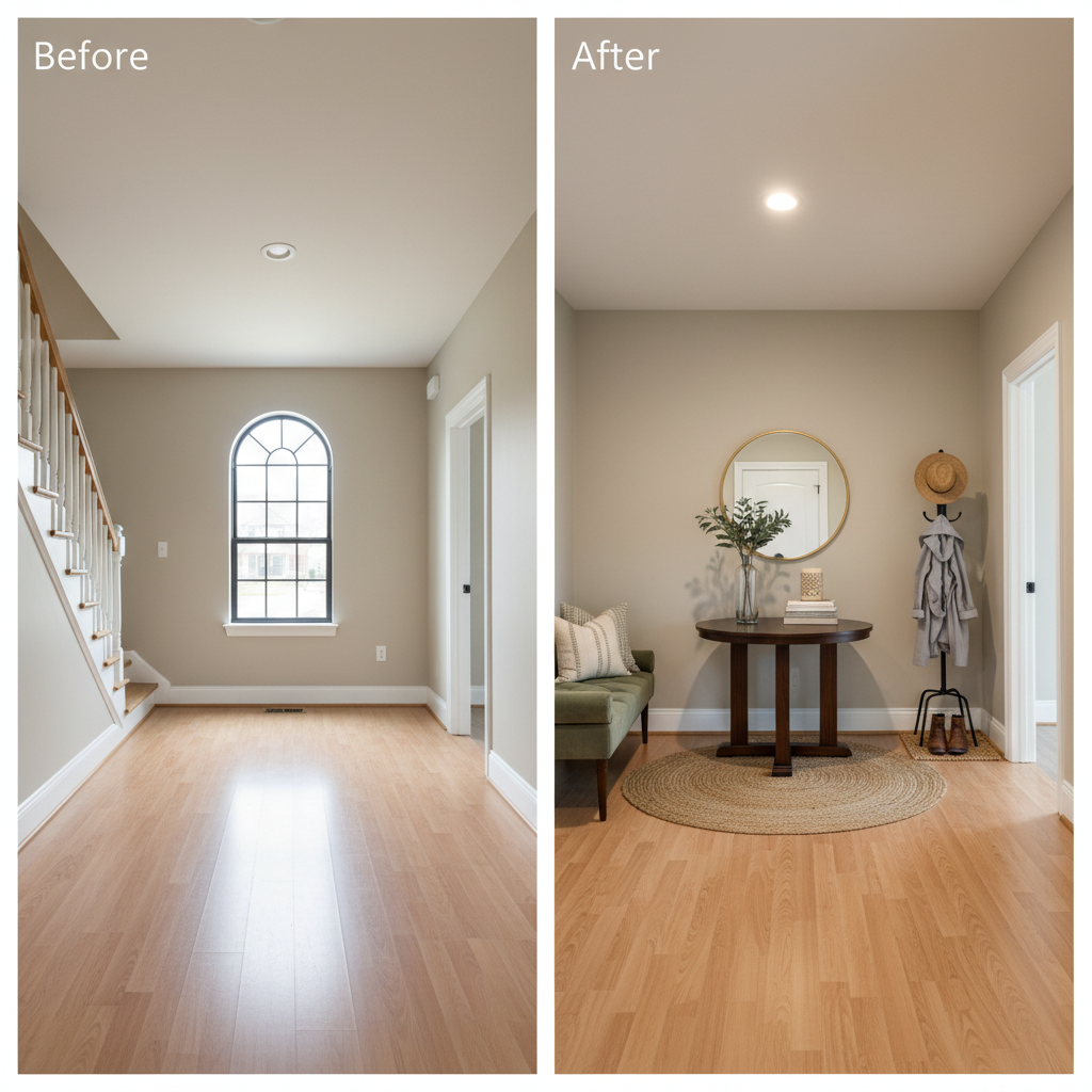 Before and after virtual staging of an entryway