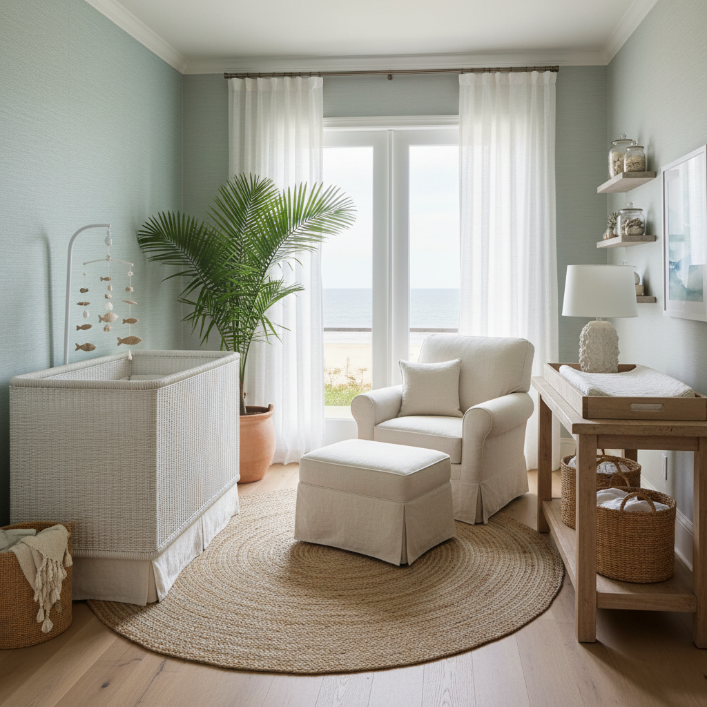 Image of a coastal nursery with a beach theme, featuring soft colors and natural materials.
