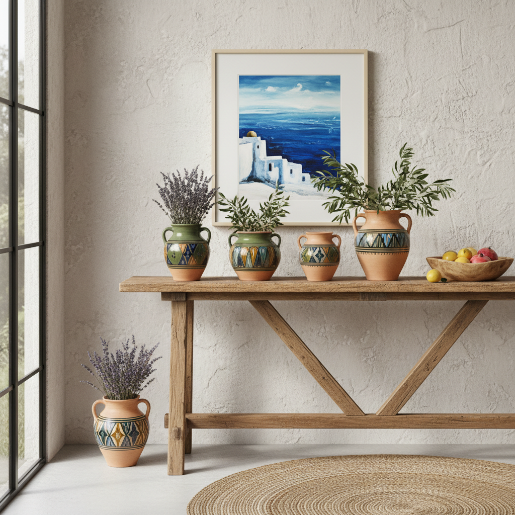 Image of Mediterranean decor accents like pottery and artwork.