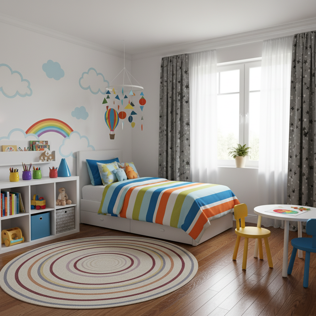 Image of a kids bedroom with colorful decor and well-staged bed.