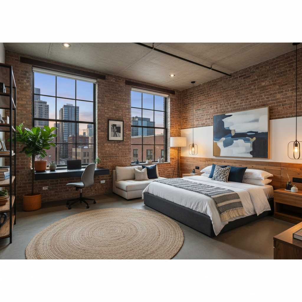 After image of an urban loft bedroom