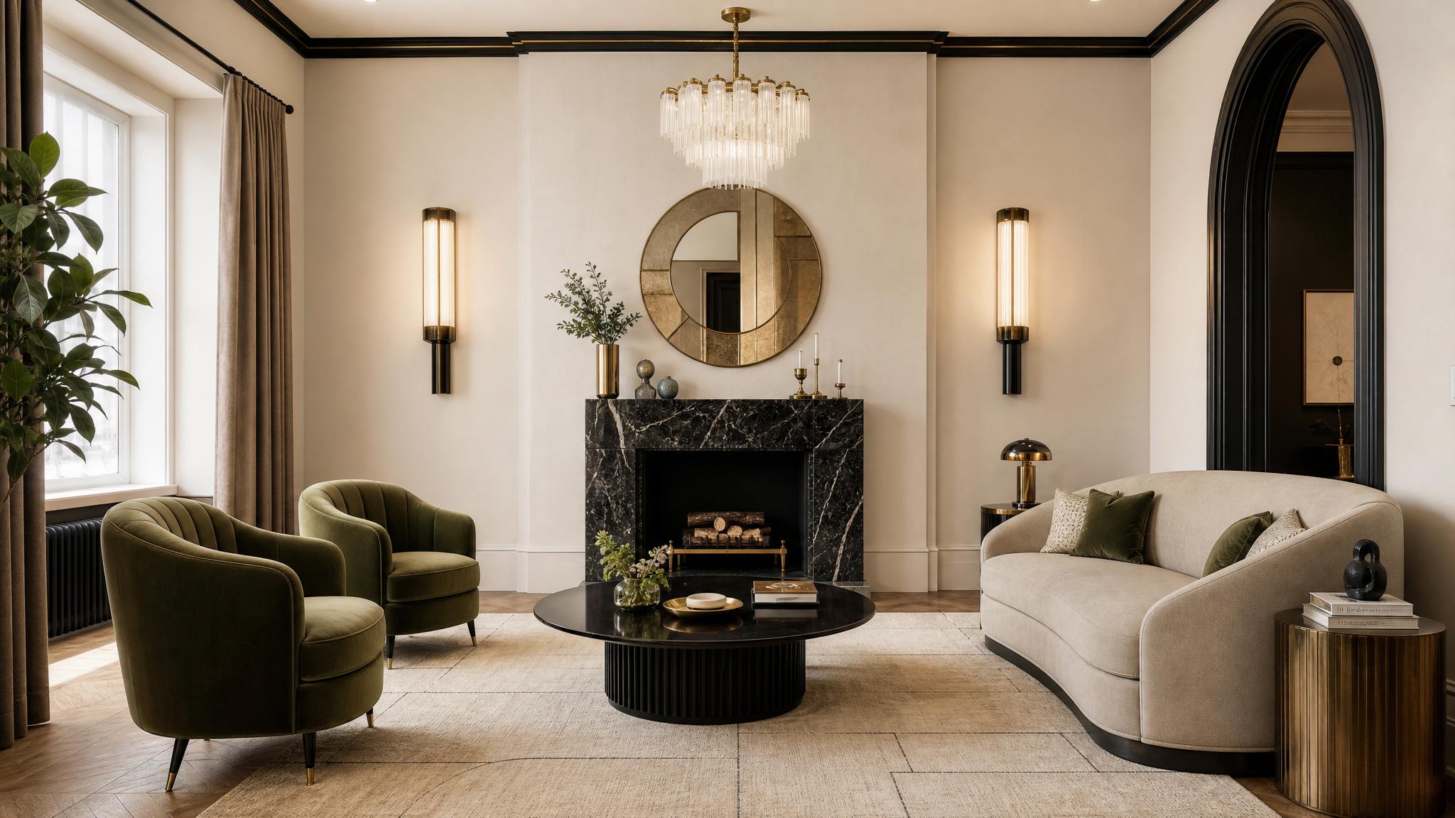 An illustration of an art deco small living room layout with a central focal point.
