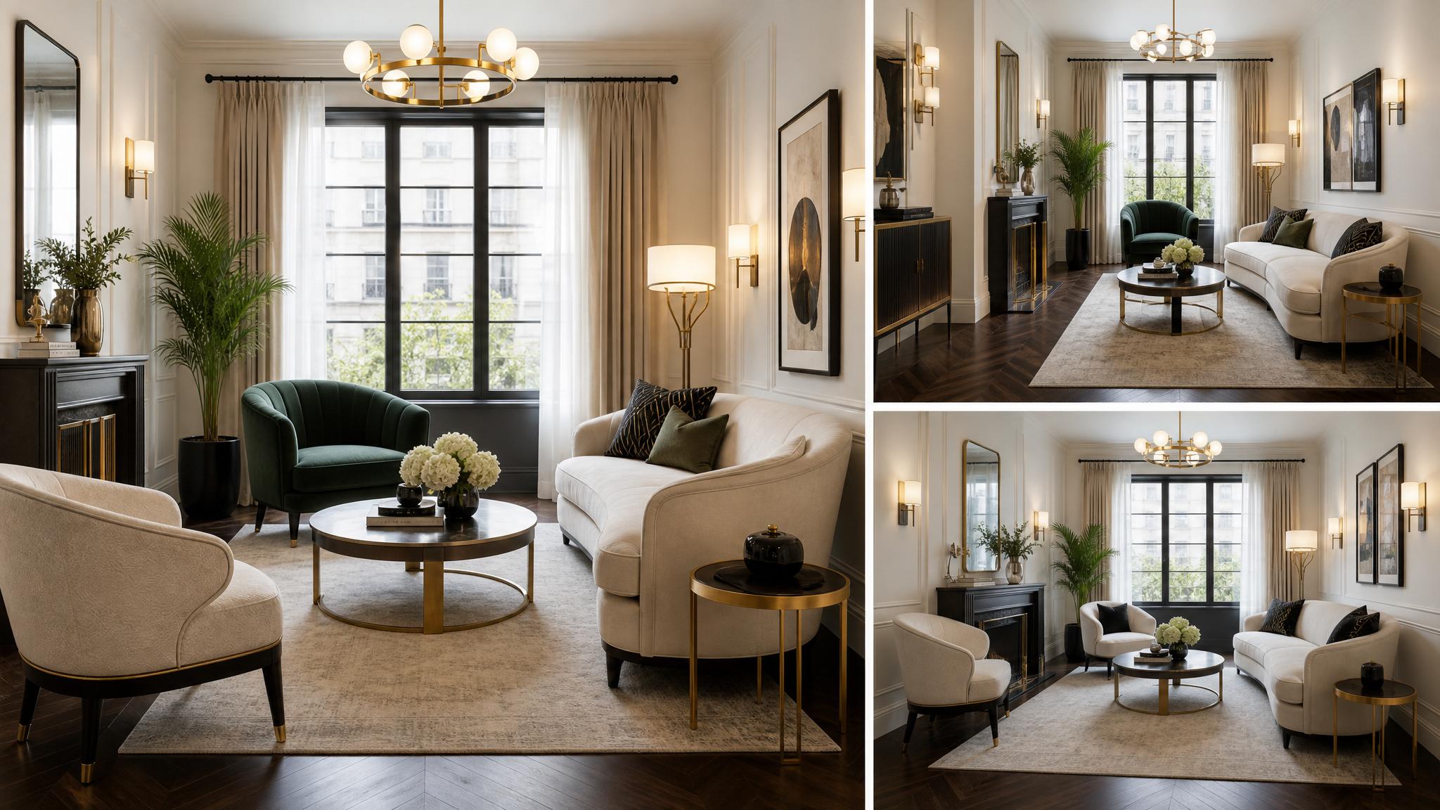 An elegant layout of an art deco small living room showcasing different furniture arrangements.