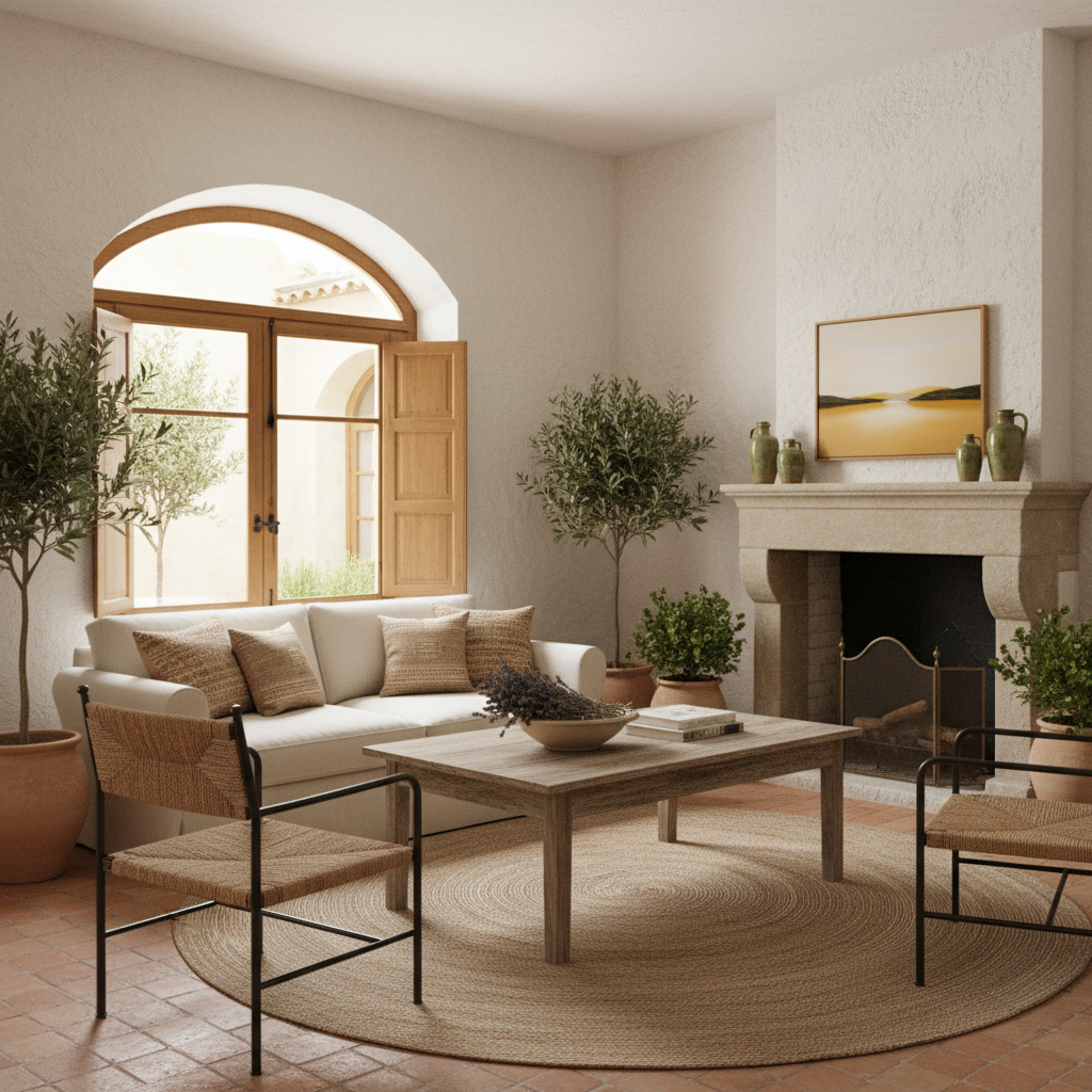 Image of a small Mediterranean living room with earthy colors and rustic furniture.