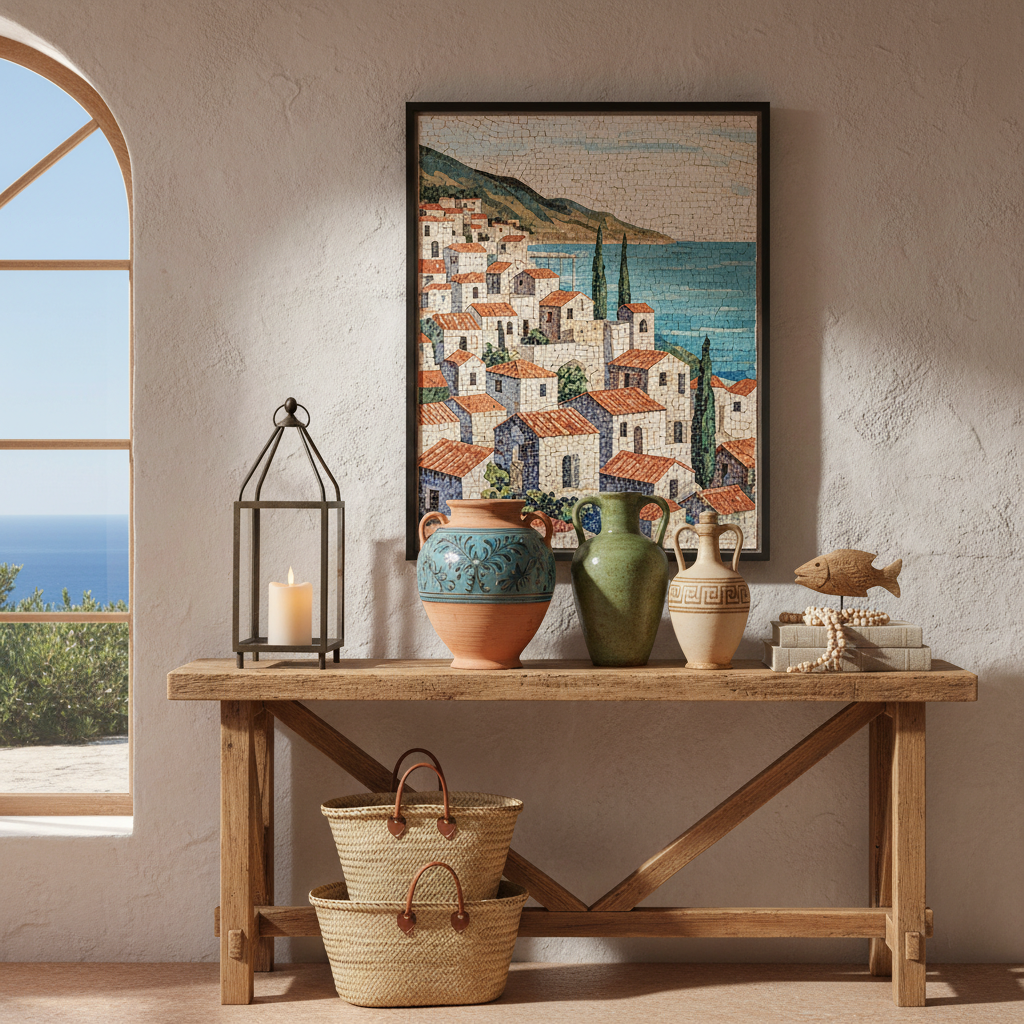 Image of decorative Mediterranean accessories like ceramic vases and wall art.