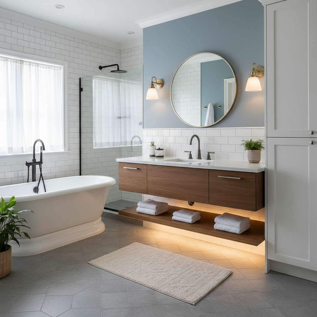 Example of a transitional bathroom showcasing a mix of modern and classic design elements.