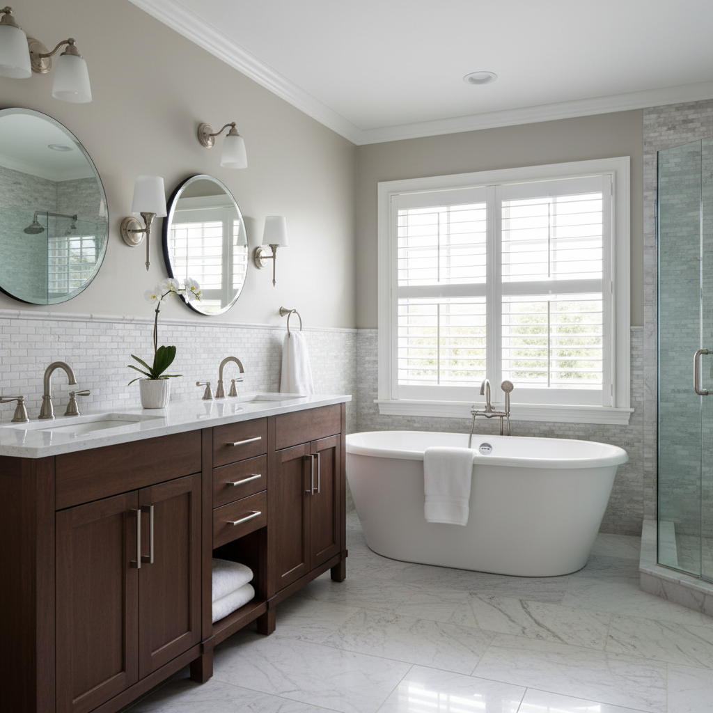 Visual representation of a color palette and fixtures fitting for a transitional bathroom.