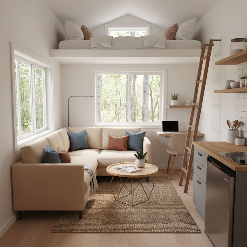 Image of a tiny home virtually staged with furniture.