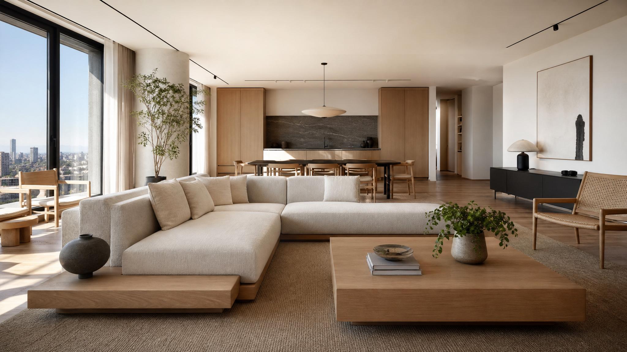 A beautifully staged Japandi open-plan living room in a penthouse, showcasing minimalist furniture and natural light.