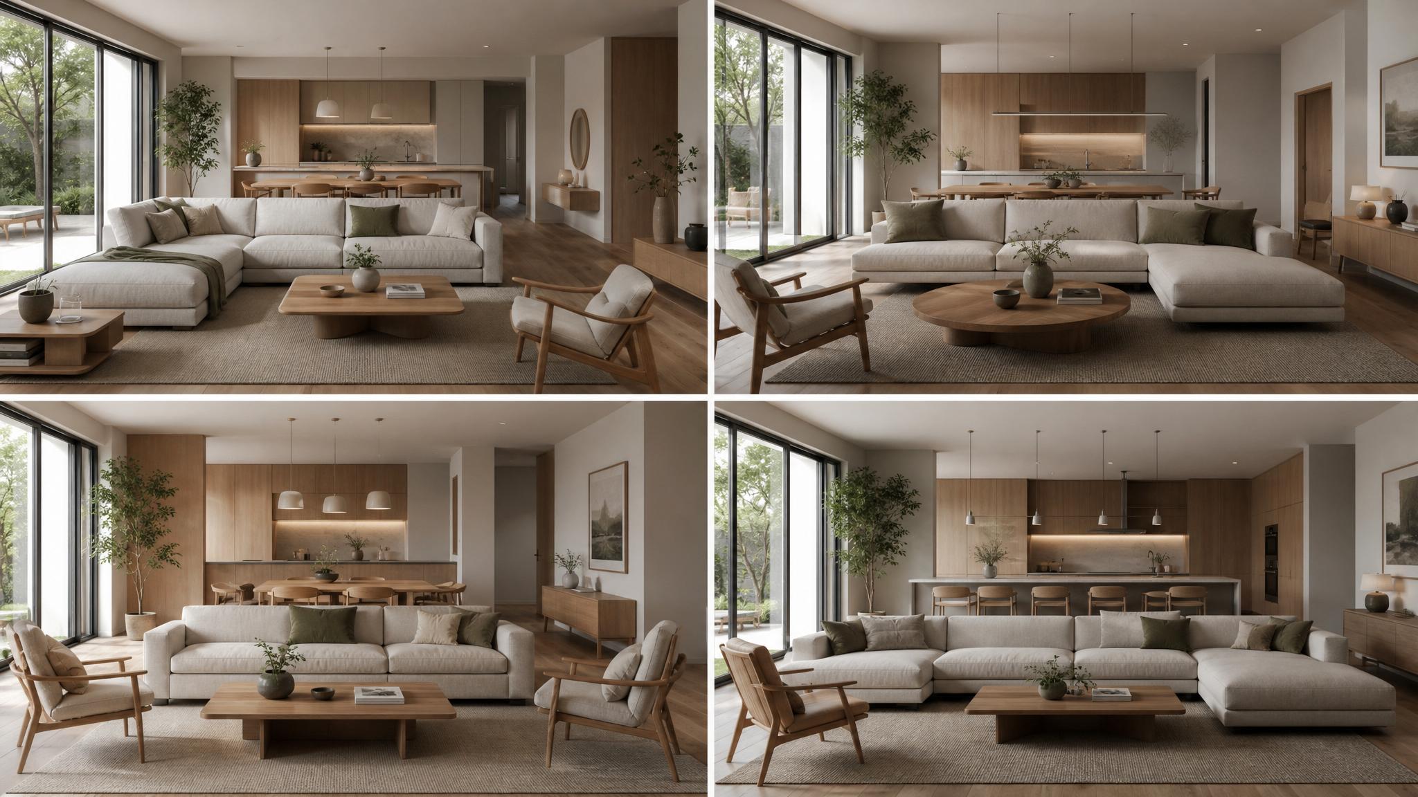 Different layout options for a Japandi open-plan living room, showing various furniture arrangements.