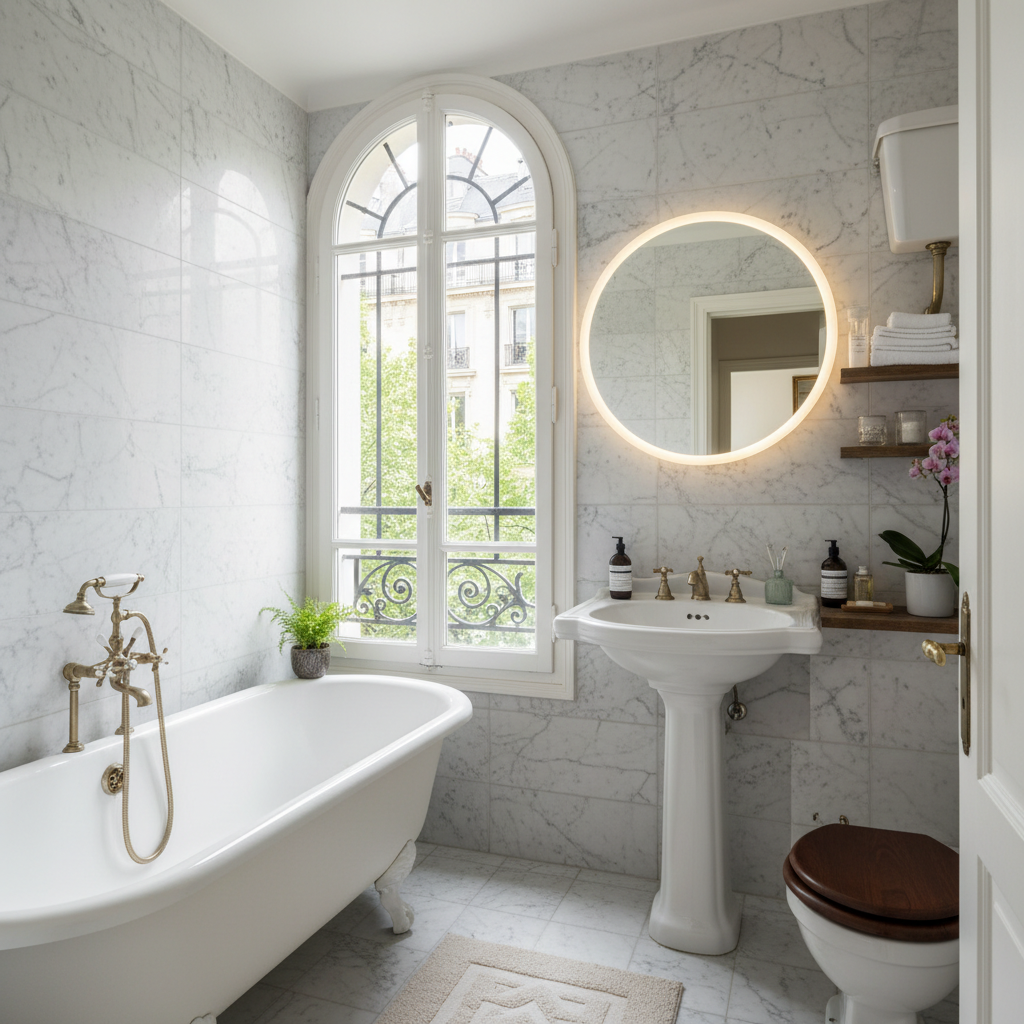 Image of a small Parisian bathroom showcasing elegant design elements.