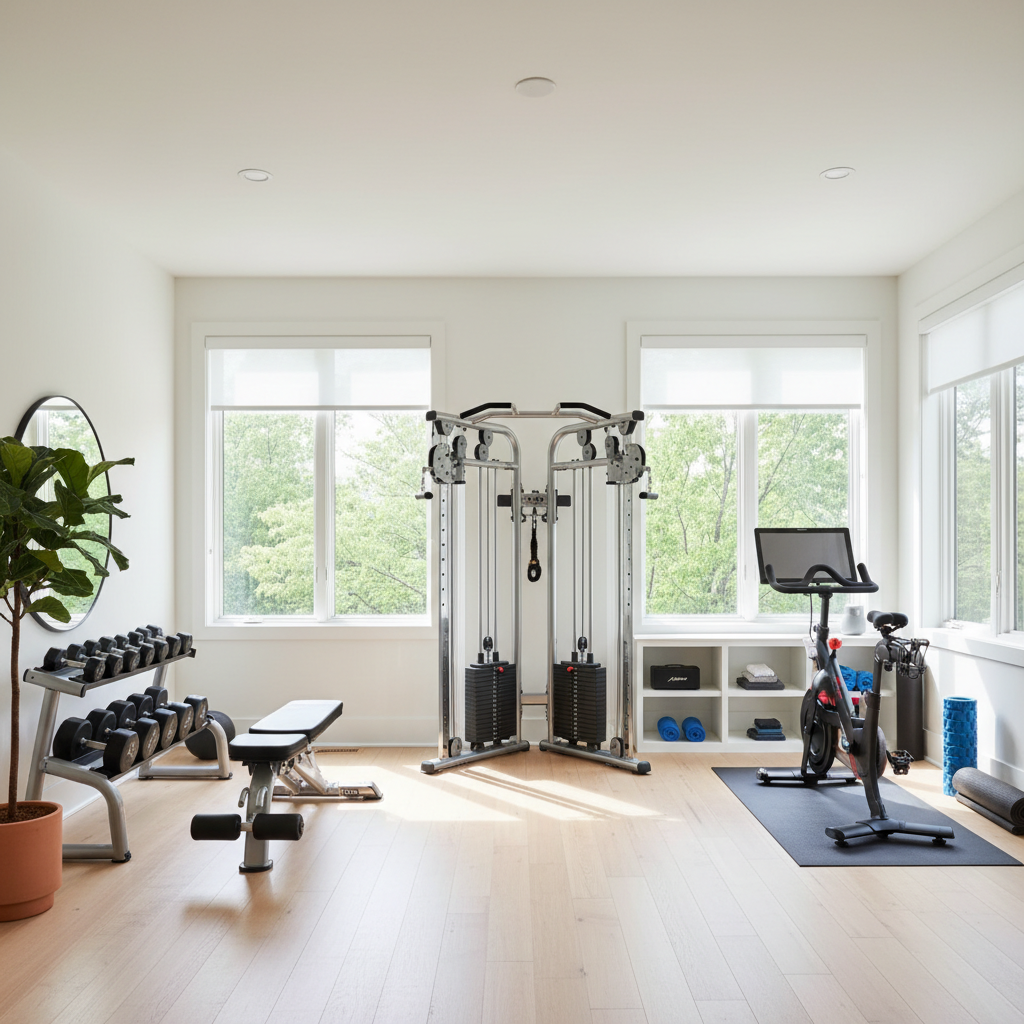 A bright, well-organized home gym with natural light flooding in.