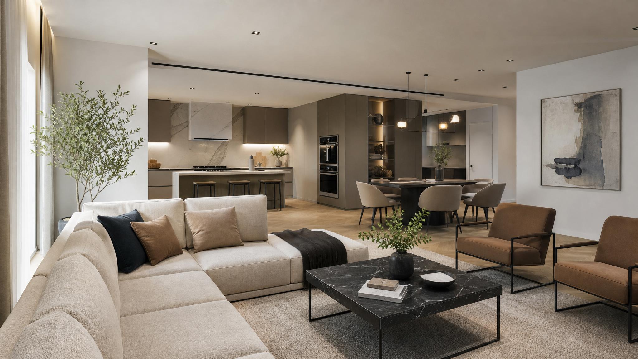 After image of the transformed Italian modern open-plan living room