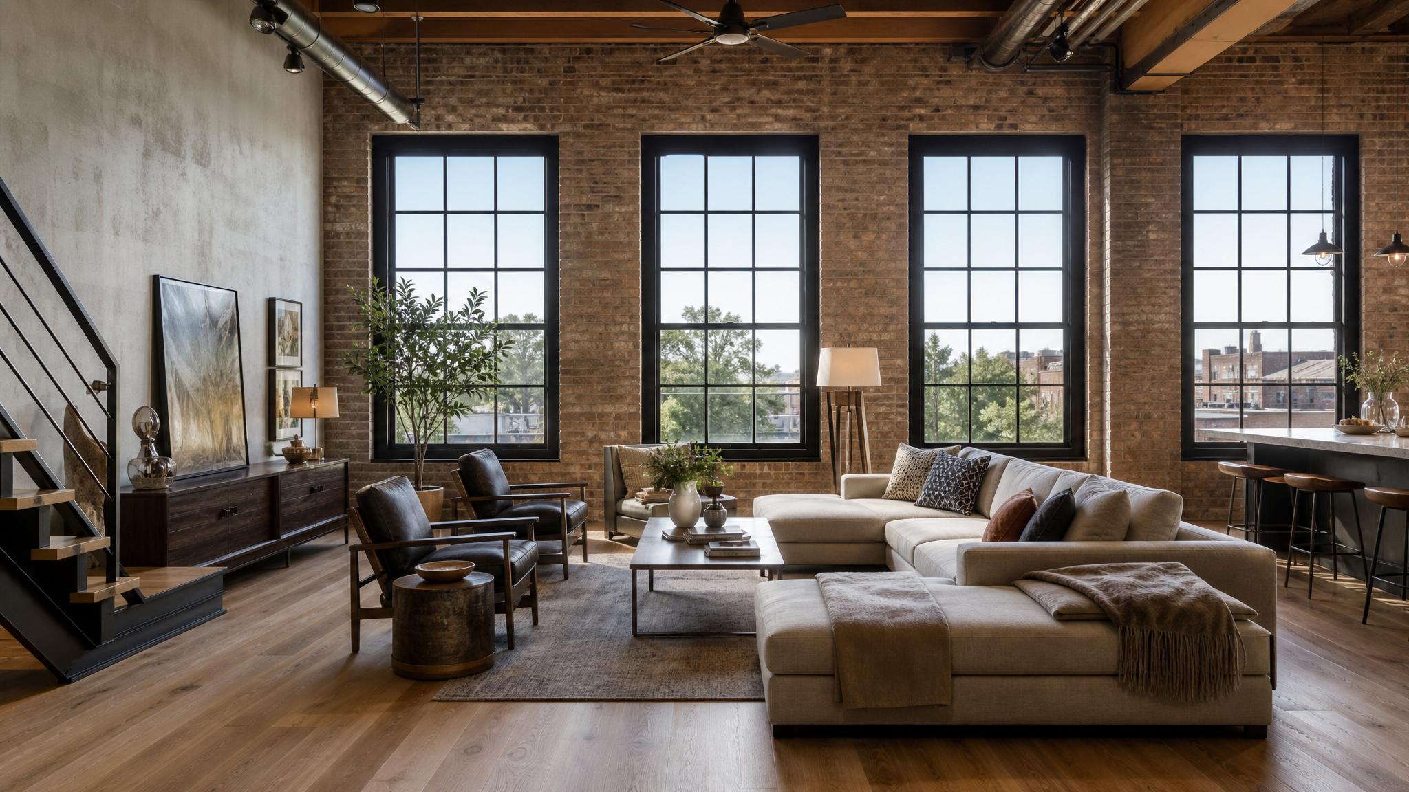 A spacious industrial living room with large windows and exposed brick walls.