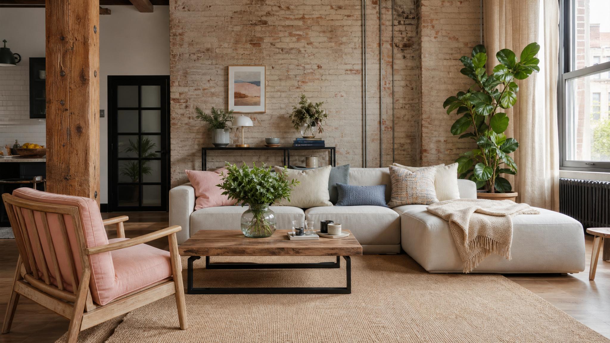 A cozy industrial living room with pastel colored cushions and light linen curtains.