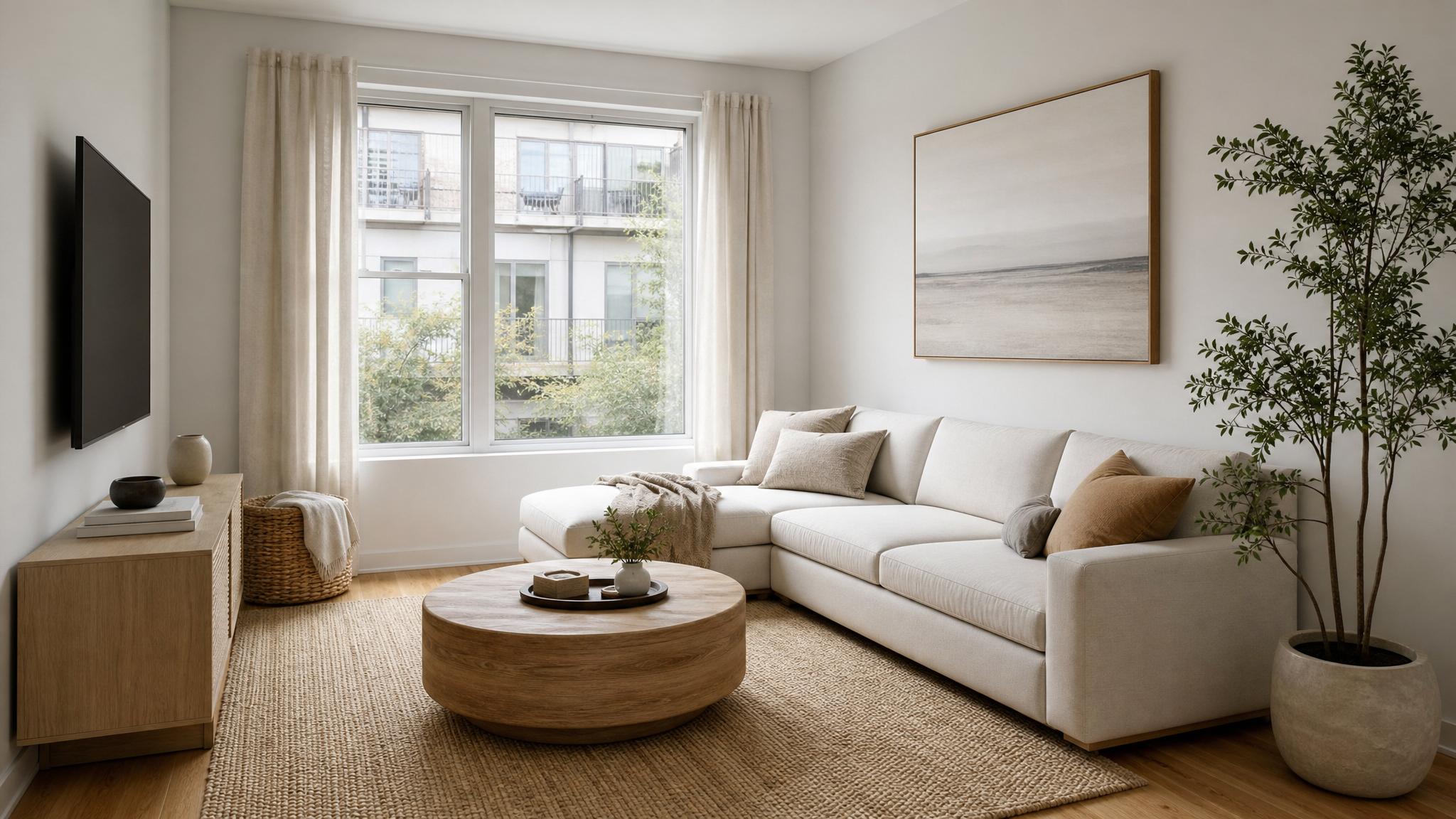 Minimalist small living room featuring neutral colors