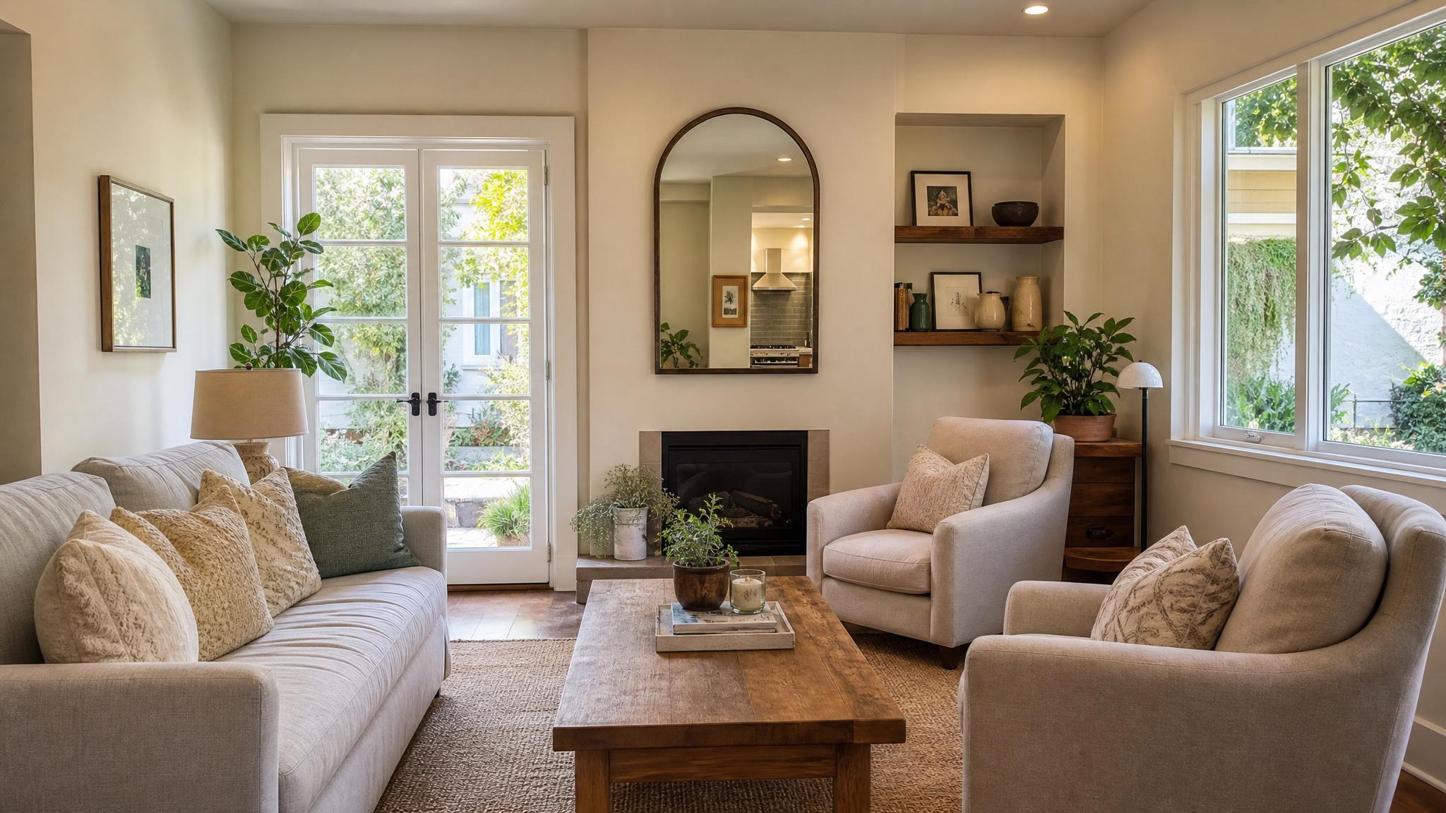 Cozy small living room with natural lighting and mirrors
