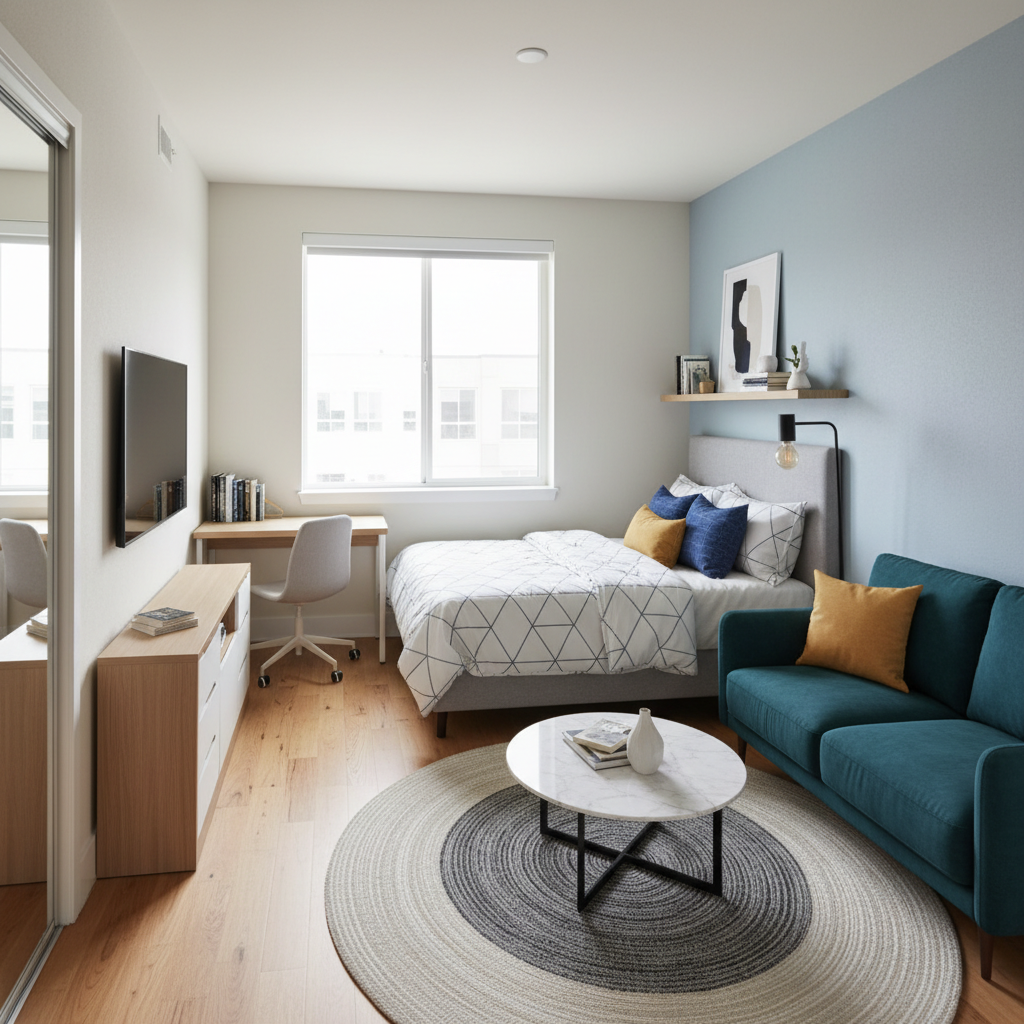 A virtual staging example of a student housing unit showing a modern design.