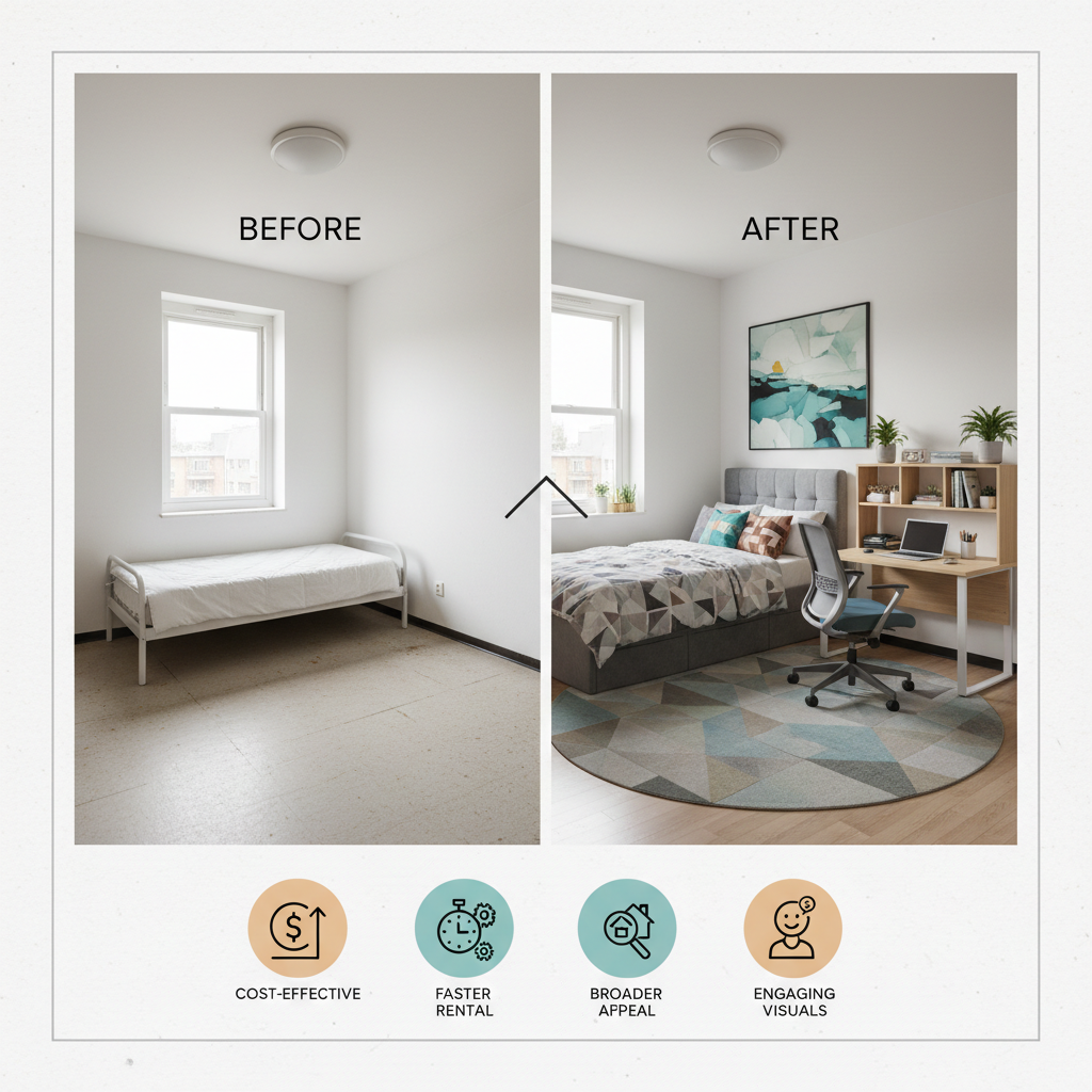 An infographic illustrating the benefits of virtual staging for student housing.