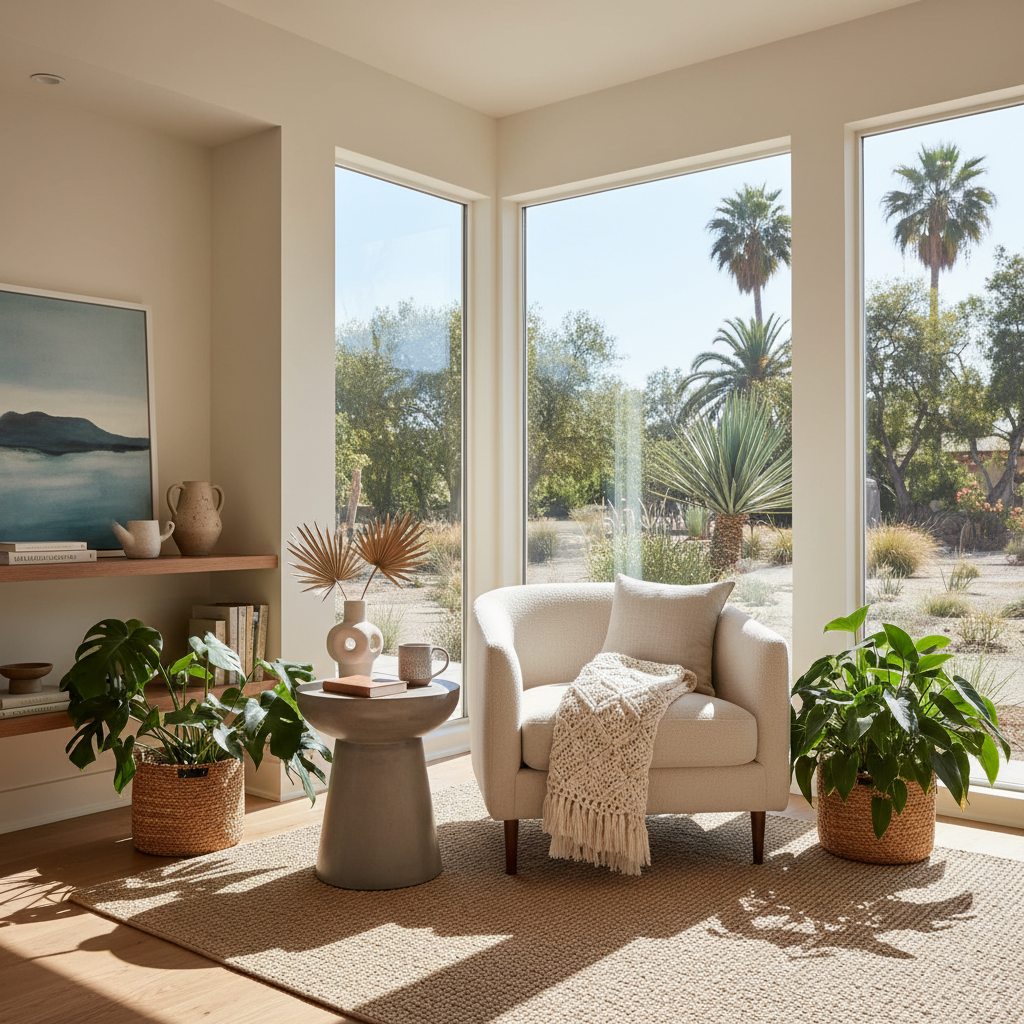 A serene California modern reading nook with abundant natural light, featuring a comfortable chair, side table, and lush greenery.