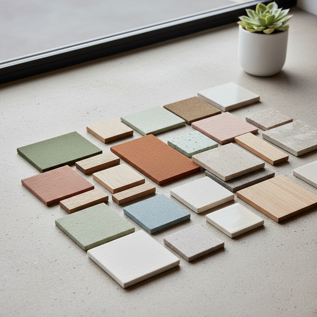 Swatches of California modern color palettes, including earthy tones and soft colors suitable for interior design.