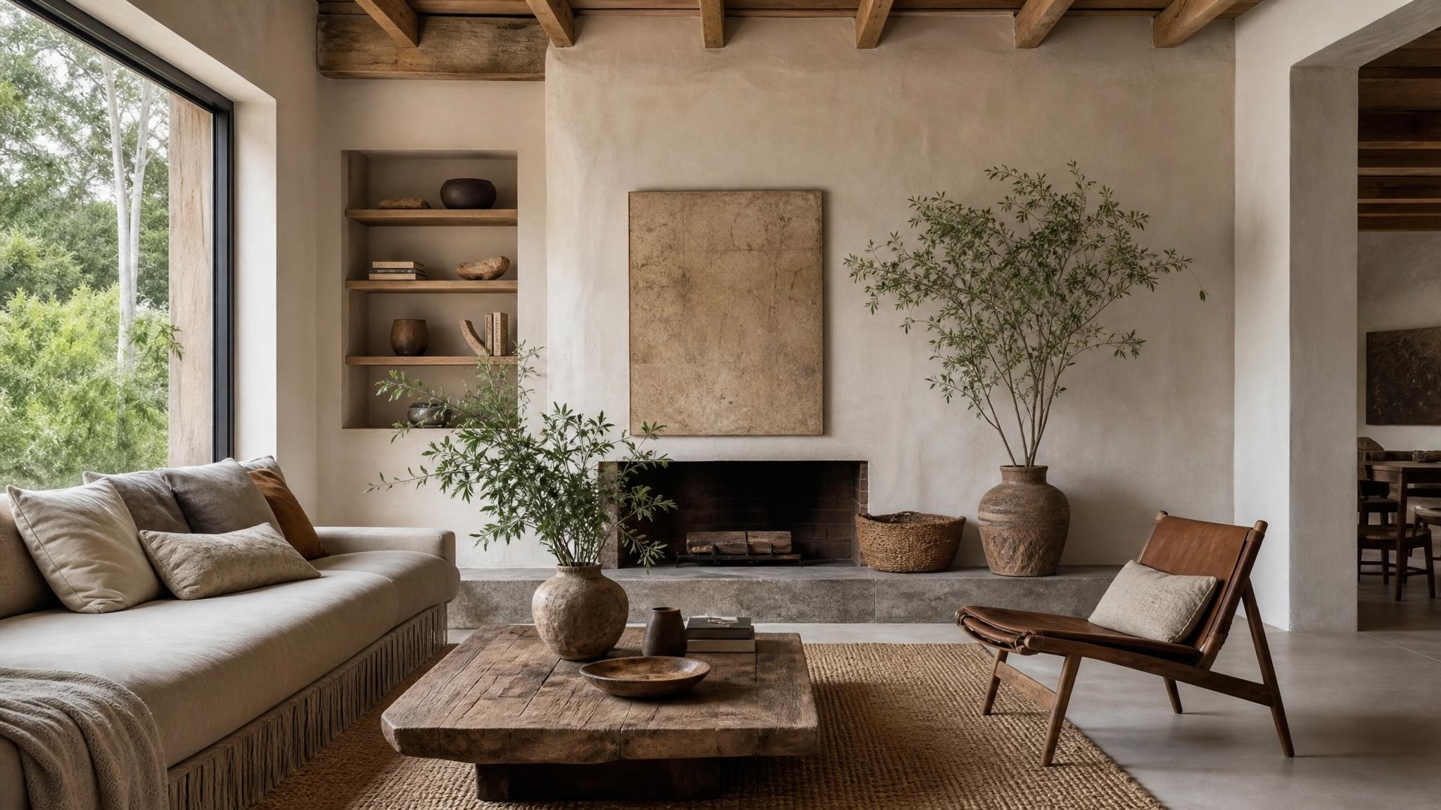 Show a cozy wabi-sabi living room with natural elements.