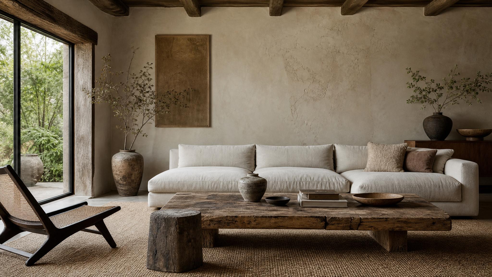 Display a wabi-sabi living room with a mix of textures.