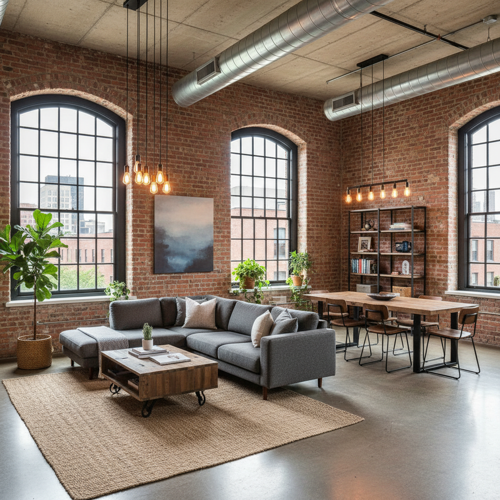 Image of an industrial loft interior showcasing brick walls, large windows, and open space.