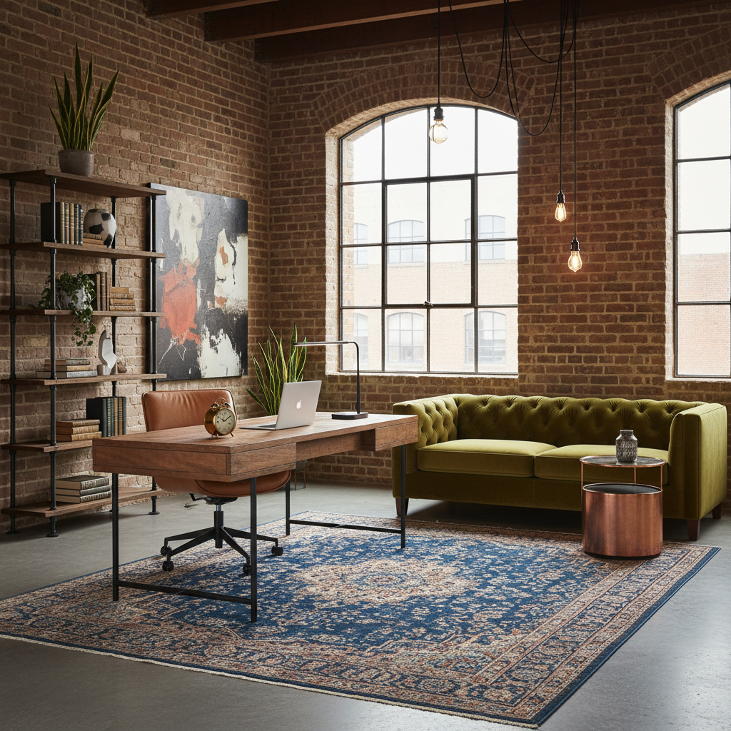 Image of a workspace in an industrial loft with vintage decor and modern elements.