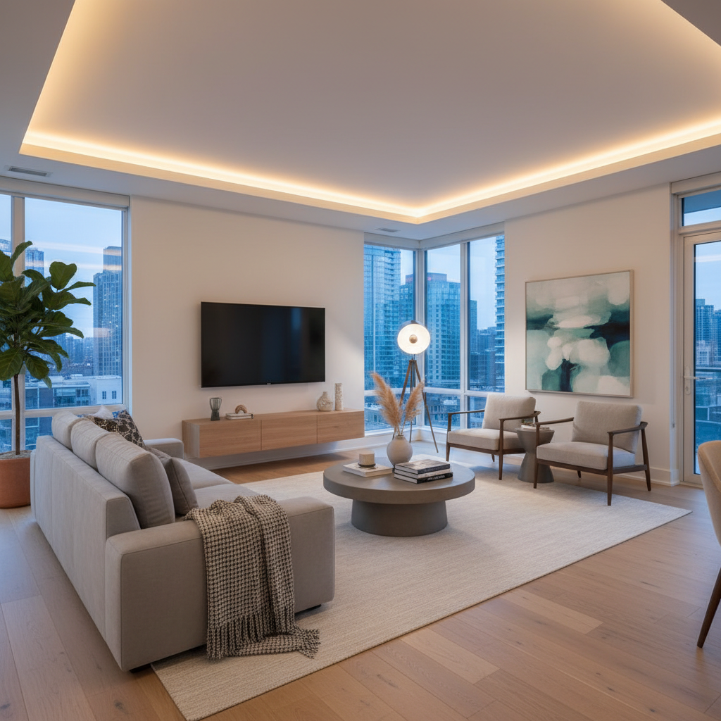 An example of a digitally staged condo living room.