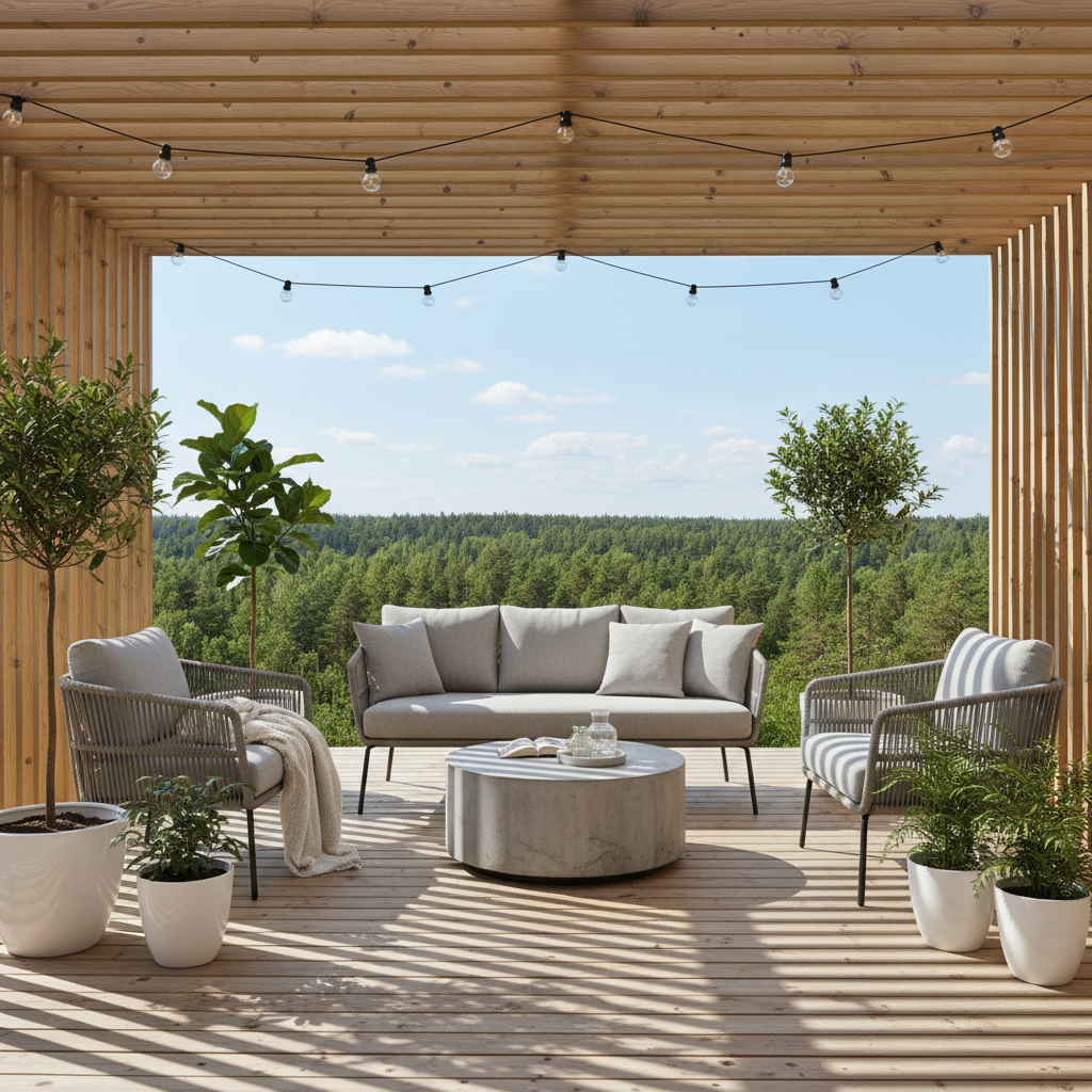 Beautiful Scandinavian terrace showcasing clean lines and natural materials.