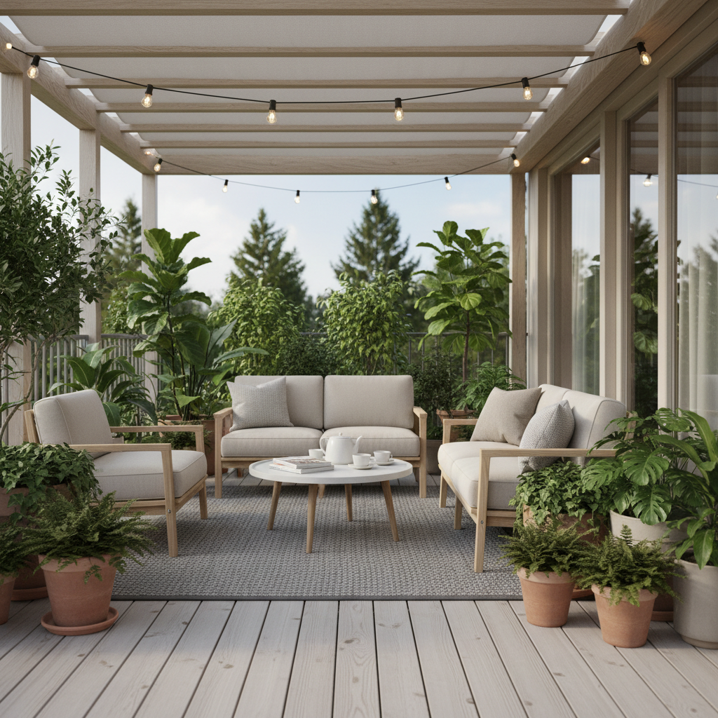 A serene Scandinavian terrace with lush plants and minimalist furniture.
