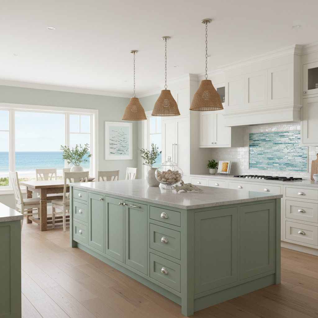 Coastal kitchen with light colors and ocean-themed decor