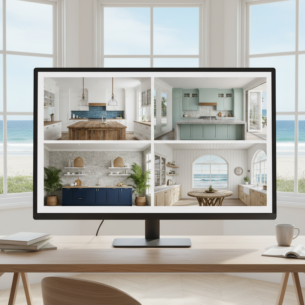 AI-generated coastal kitchen designs on a screen