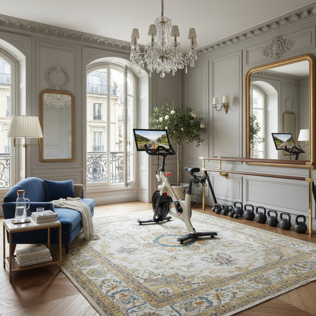 Image of a Parisian-inspired home gym with elegant decor.